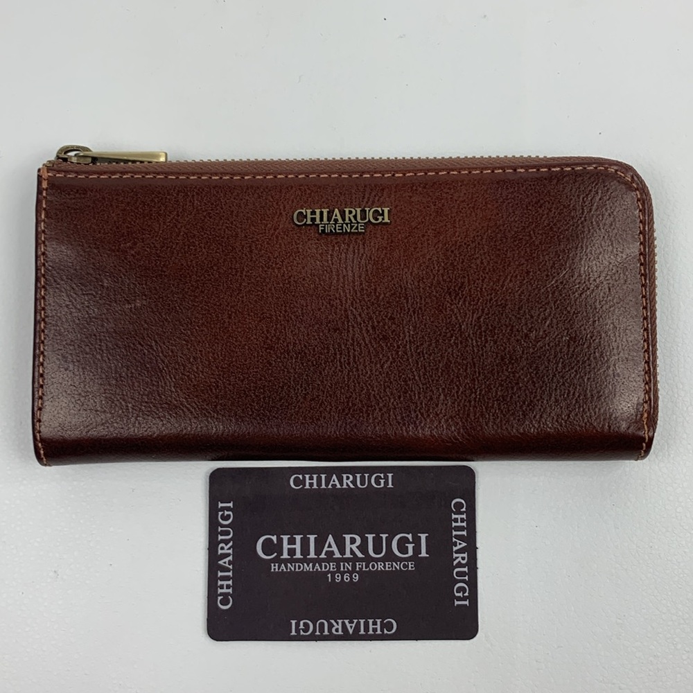 Chiarugi Firenze Brown Leather Wallet Brass Zip around Zip & slip pockets NEW